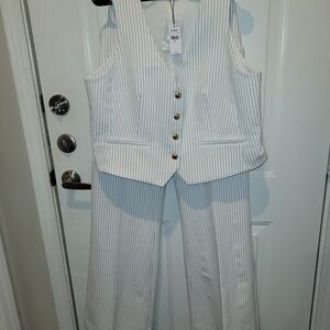 Women's White with Black Striped Vest and Pant Set.